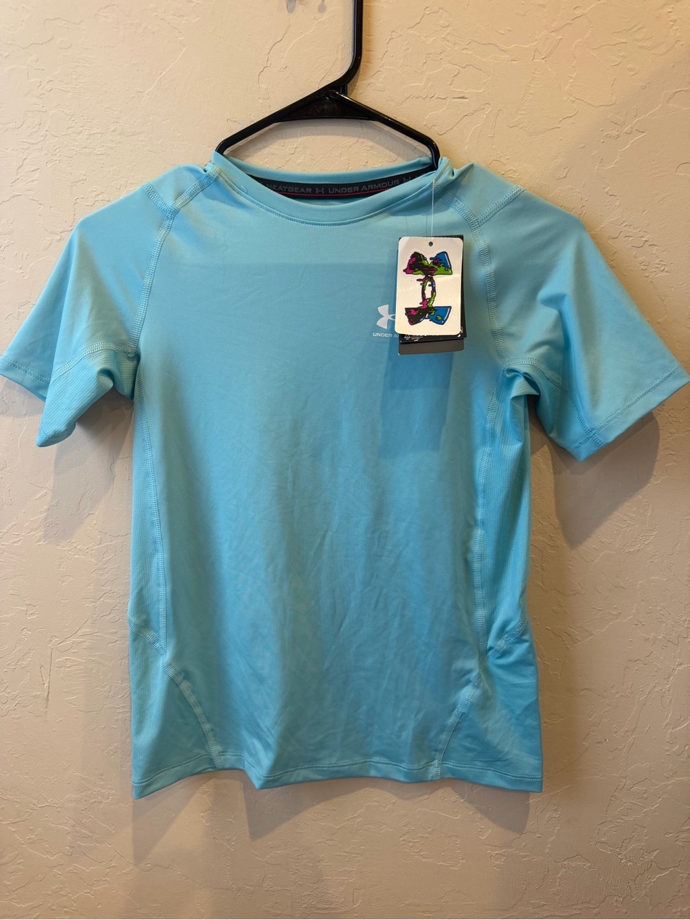 Under Armour HeatGear Boys Blue Fitted Short Sleeve Crew Neck Logo T-Shirt Large